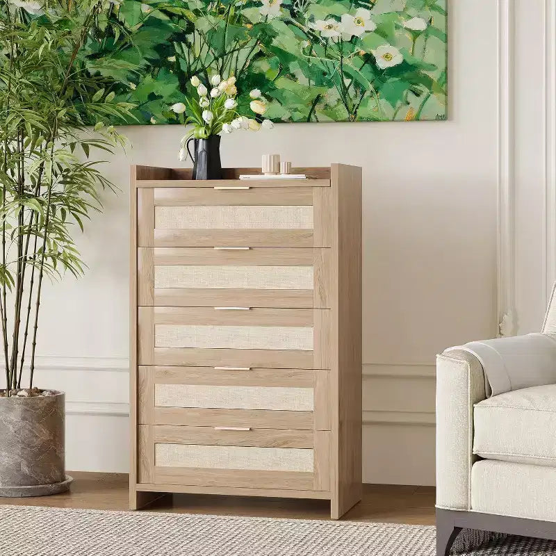 Boho 5-Drawer Rattan Dresser for Bedroom, Large Wooden Chest of Drawers Storage Cabinet for Clothes, Nightstand Organizer for Hallway, Living Room