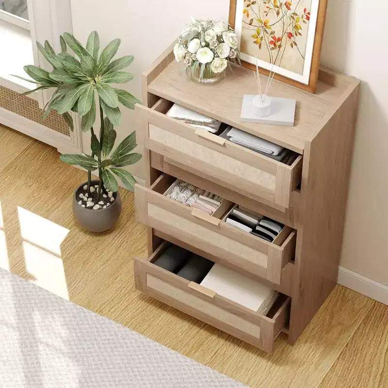 Boho 5-Drawer Rattan Dresser for Bedroom, Large Wooden Chest of Drawers Storage Cabinet for Clothes, Nightstand Organizer for Hallway, Living Room