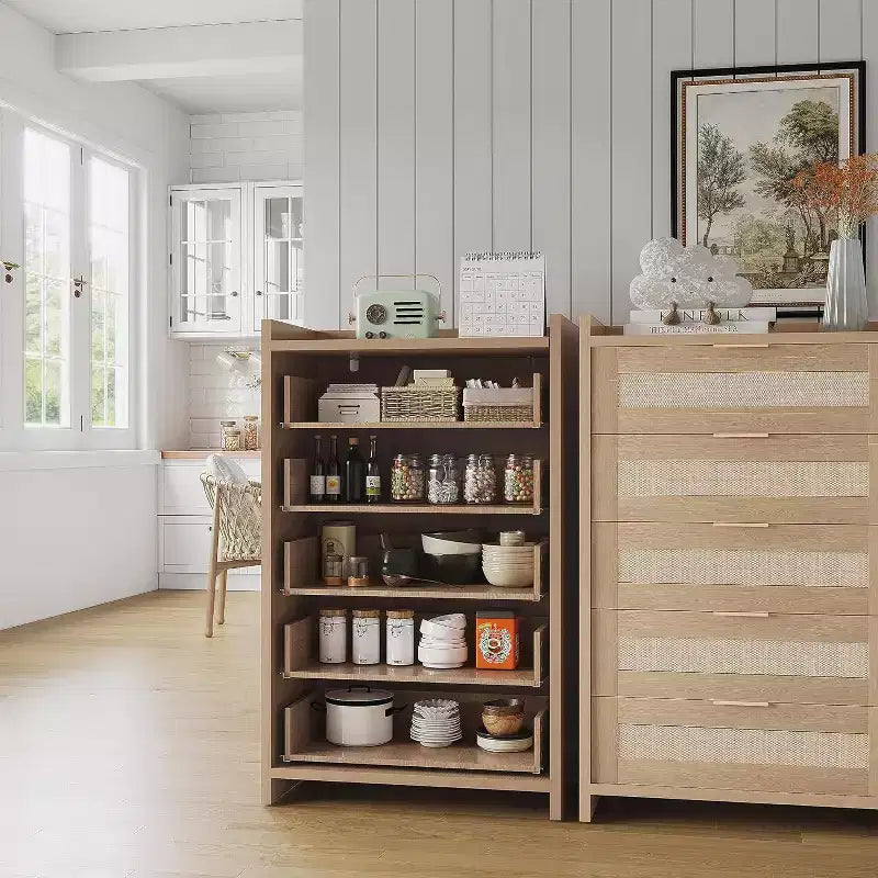 Boho 5-Drawer Rattan Dresser for Bedroom, Large Wooden Chest of Drawers Storage Cabinet for Clothes, Nightstand Organizer for Hallway, Living Room