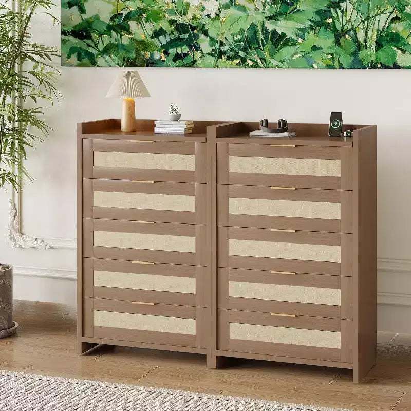 Boho 5-Drawer Rattan Dresser for Bedroom, Large Wooden Chest of Drawers Storage Cabinet for Clothes, Nightstand Organizer for Hallway, Living Room