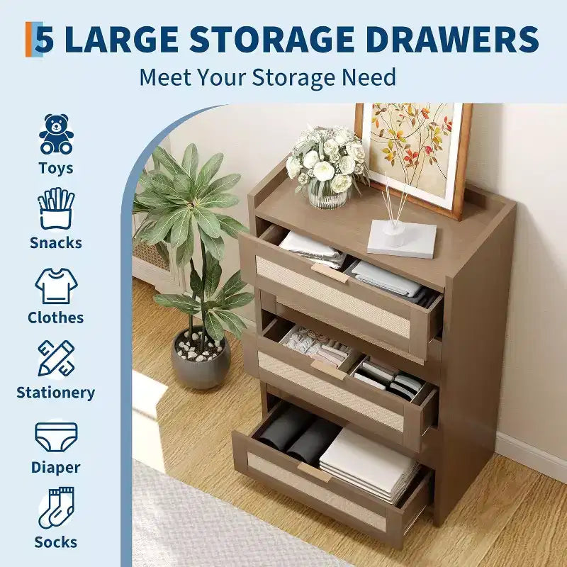 Boho 5-Drawer Rattan Dresser for Bedroom, Large Wooden Chest of Drawers Storage Cabinet for Clothes, Nightstand Organizer for Hallway, Living Room