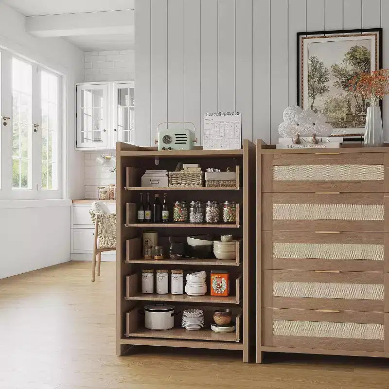 Boho 5-Drawer Rattan Dresser for Bedroom, Large Wooden Chest of Drawers Storage Cabinet for Clothes, Nightstand Organizer for Hallway, Living Room
