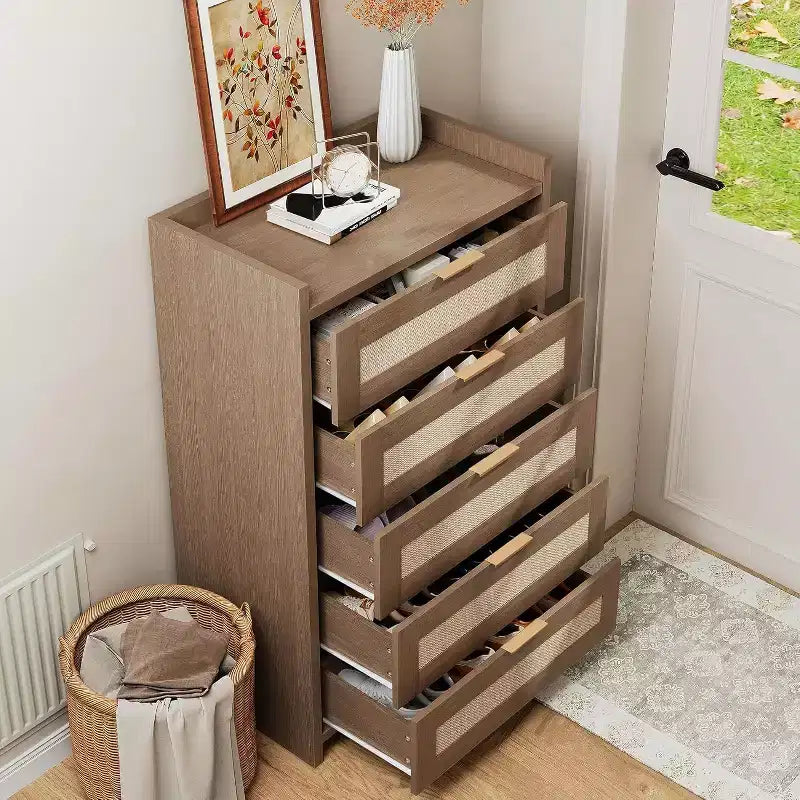 Boho 5-Drawer Rattan Dresser for Bedroom, Large Wooden Chest of Drawers Storage Cabinet for Clothes, Nightstand Organizer for Hallway, Living Room