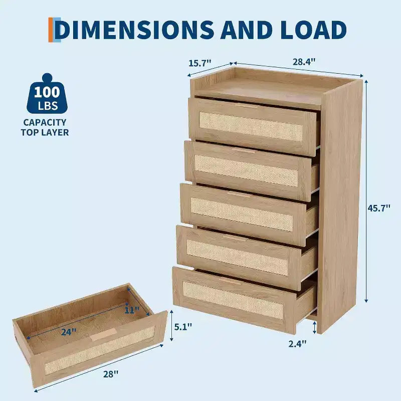 Boho 5-Drawer Rattan Dresser for Bedroom, Large Wooden Chest of Drawers Storage Cabinet for Clothes, Nightstand Organizer for Hallway, Living Room