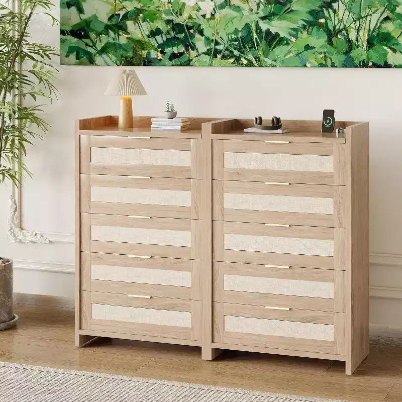Boho 5-Drawer Rattan Dresser for Bedroom, Large Wooden Chest of Drawers Storage Cabinet for Clothes, Nightstand Organizer for Hallway, Living Room