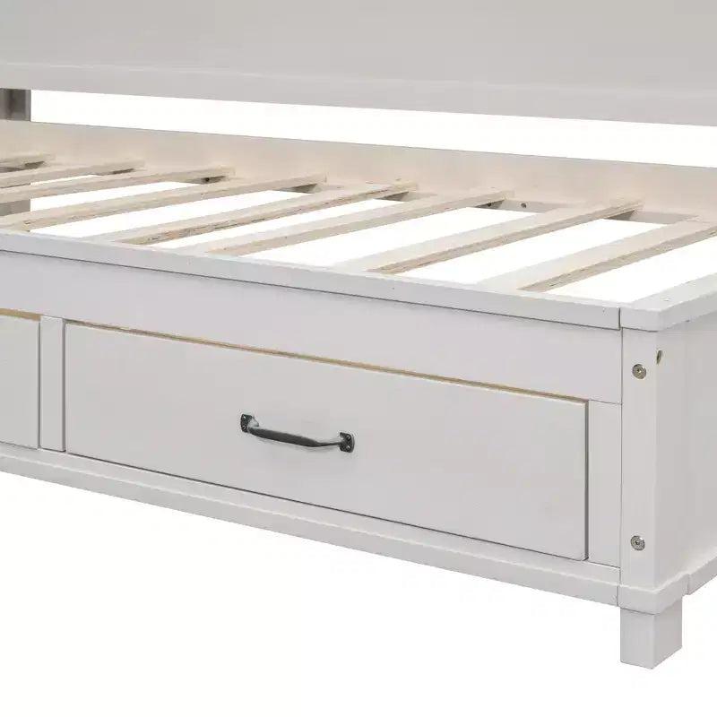Daybed with 3 Storage Drawers and Sockets and USB Ports, Wooden Bedframe with Upper Soft Board for Bedroom Guestroom, White