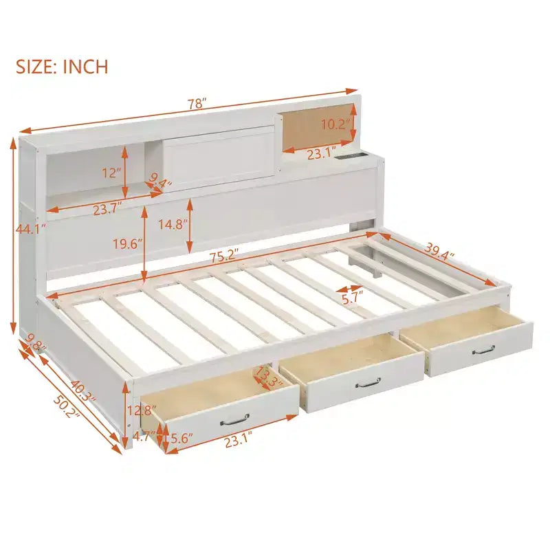 Daybed with 3 Storage Drawers and Sockets and USB Ports, Wooden Bedframe with Upper Soft Board for Bedroom Guestroom, White