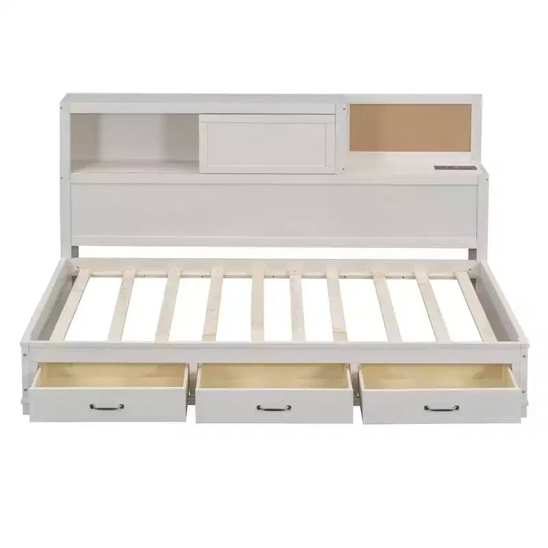 Daybed with 3 Storage Drawers and Sockets and USB Ports, Wooden Bedframe with Upper Soft Board for Bedroom Guestroom, White
