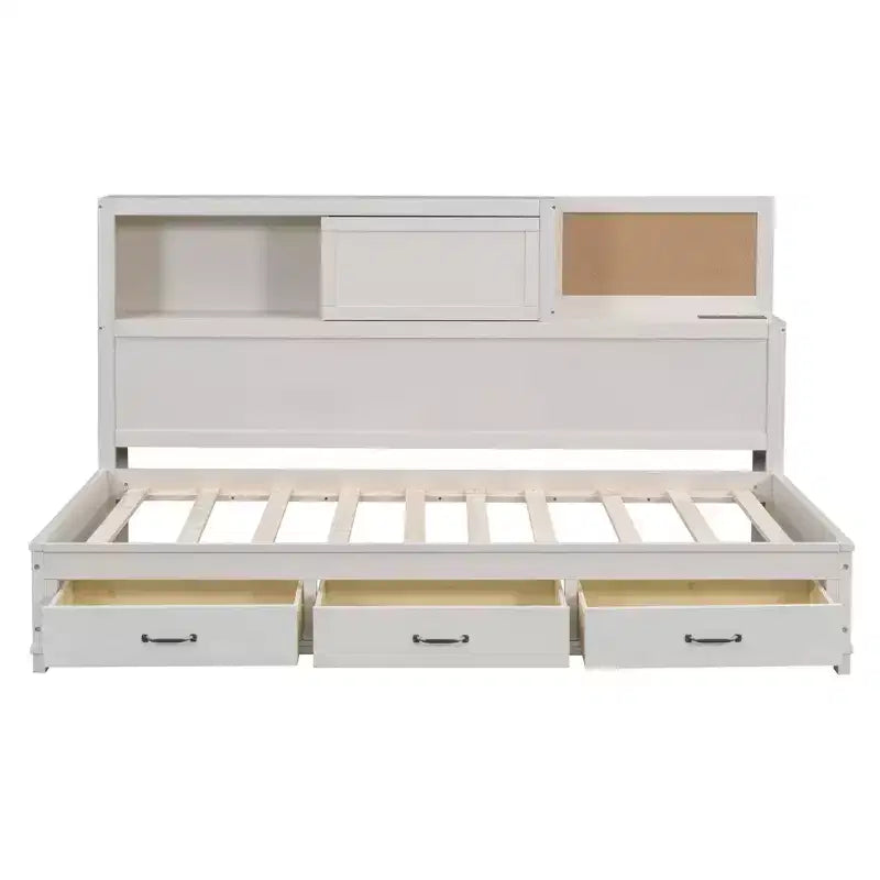 Daybed with 3 Storage Drawers and Sockets and USB Ports, Wooden Bedframe with Upper Soft Board for Bedroom Guestroom, White