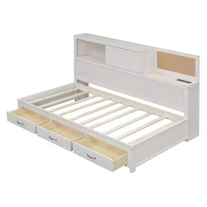 Daybed with 3 Storage Drawers and Sockets and USB Ports, Wooden Bedframe with Upper Soft Board for Bedroom Guestroom, White