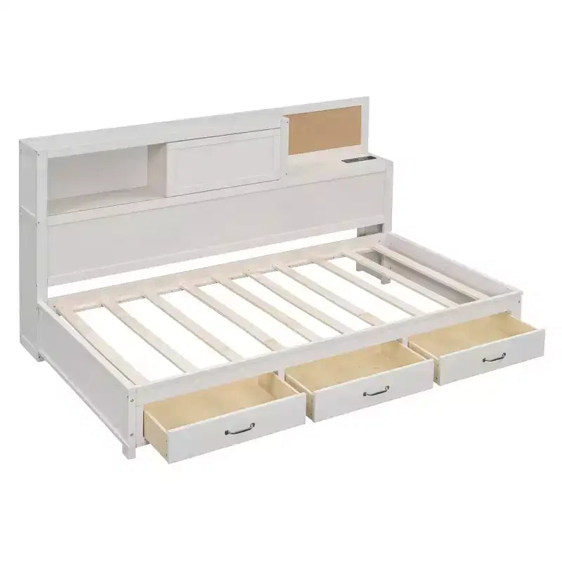 Daybed with 3 Storage Drawers and Sockets and USB Ports, Wooden Bedframe with Upper Soft Board for Bedroom Guestroom, White