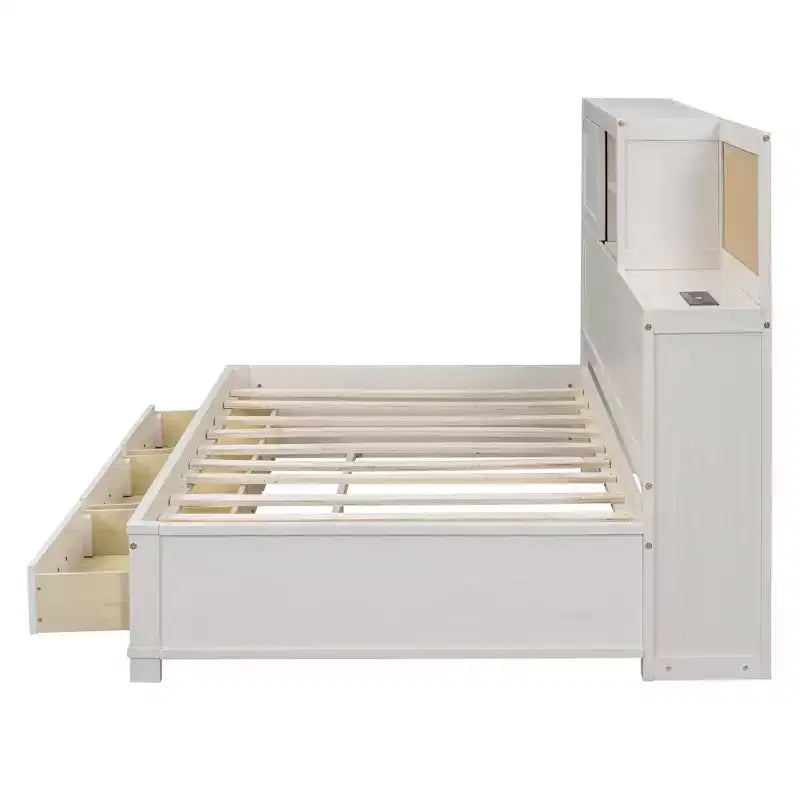 Daybed with 3 Storage Drawers and Sockets and USB Ports, Wooden Bedframe with Upper Soft Board for Bedroom Guestroom, White