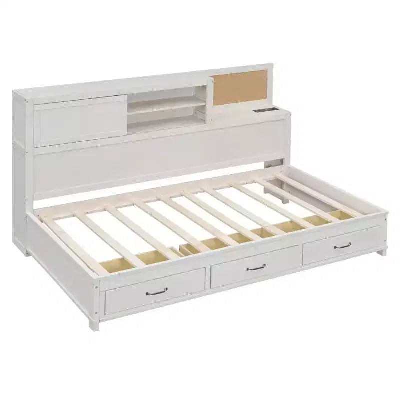 Daybed with 3 Storage Drawers and Sockets and USB Ports, Wooden Bedframe with Upper Soft Board for Bedroom Guestroom, White