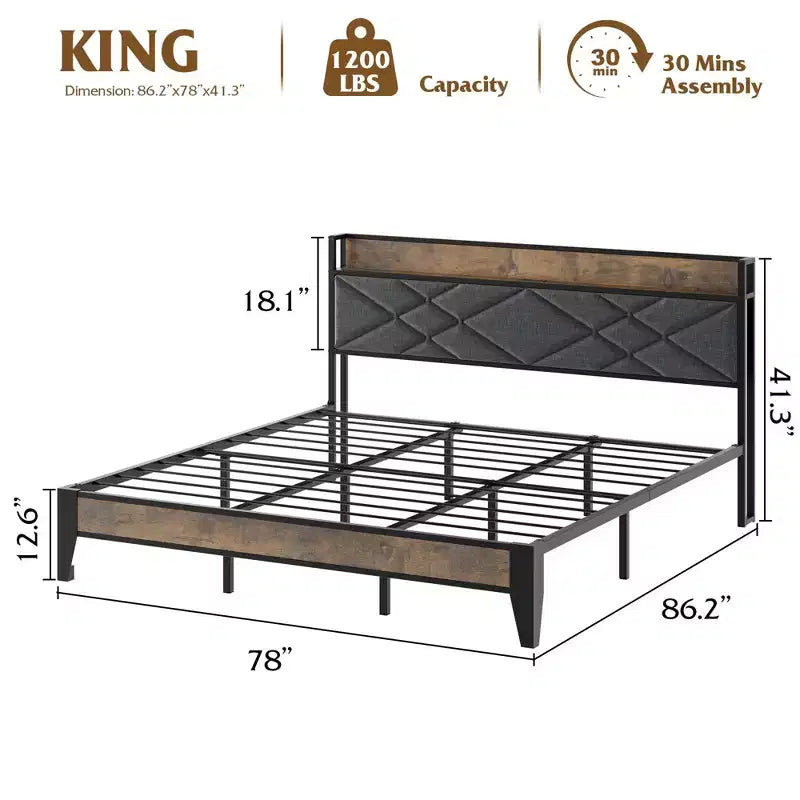 King Bed Frame with Headboard, Vintage Platform Bed with Charging Station & Storage Shelf, No Box Spring Needed, Grey & Brown