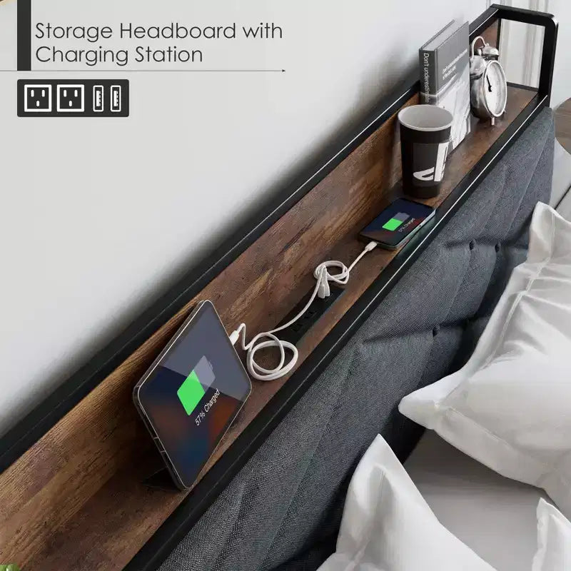King Bed Frame with Headboard, Vintage Platform Bed with Charging Station & Storage Shelf, No Box Spring Needed, Grey & Brown