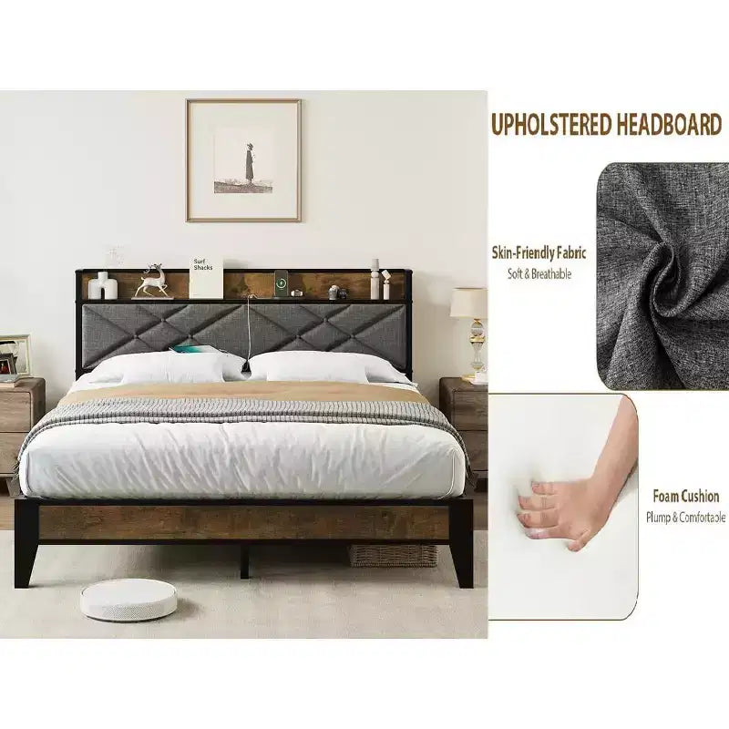 King Bed Frame with Headboard, Vintage Platform Bed with Charging Station & Storage Shelf, No Box Spring Needed, Grey & Brown