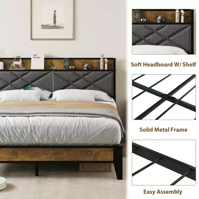 King Bed Frame with Headboard, Vintage Platform Bed with Charging Station & Storage Shelf, No Box Spring Needed, Grey & Brown