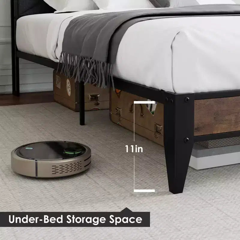 King Bed Frame with Headboard, Vintage Platform Bed with Charging Station & Storage Shelf, No Box Spring Needed, Grey & Brown
