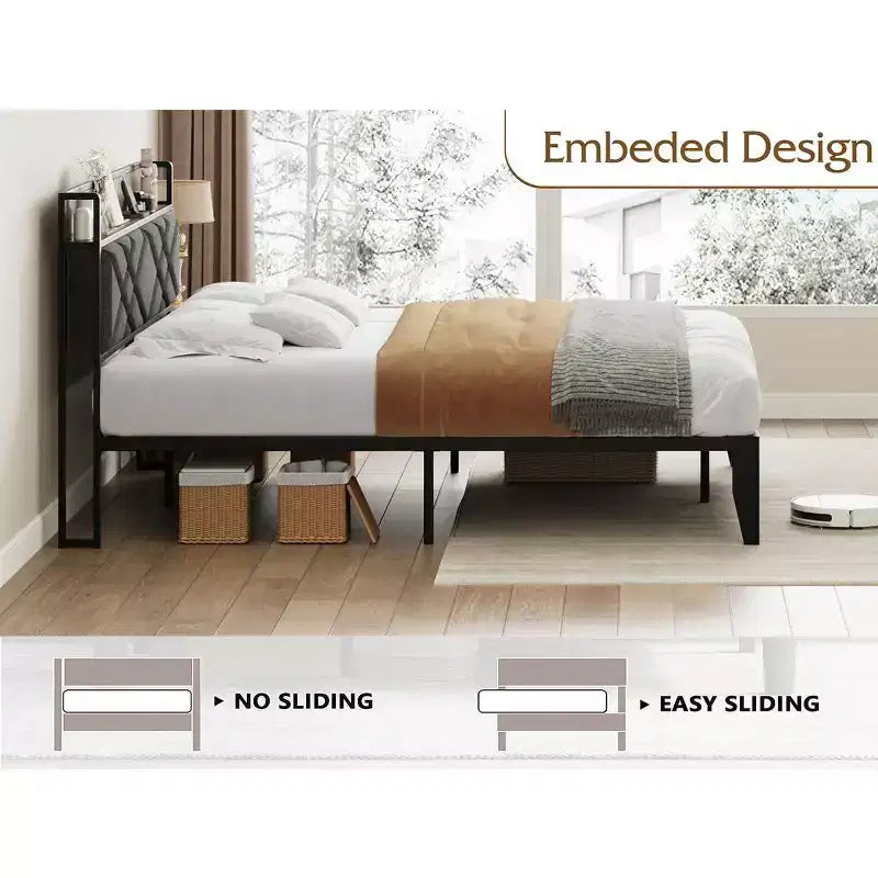 King Bed Frame with Headboard, Vintage Platform Bed with Charging Station & Storage Shelf, No Box Spring Needed, Grey & Brown