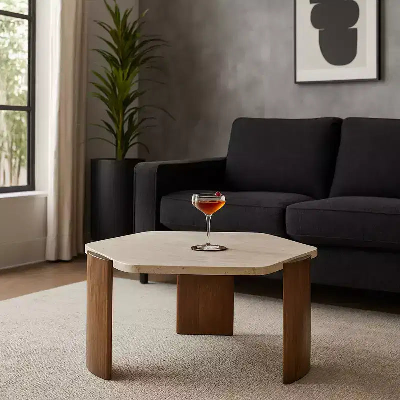 Sleek Octagon Coffee Table - Stone & Mango Wood, Brown