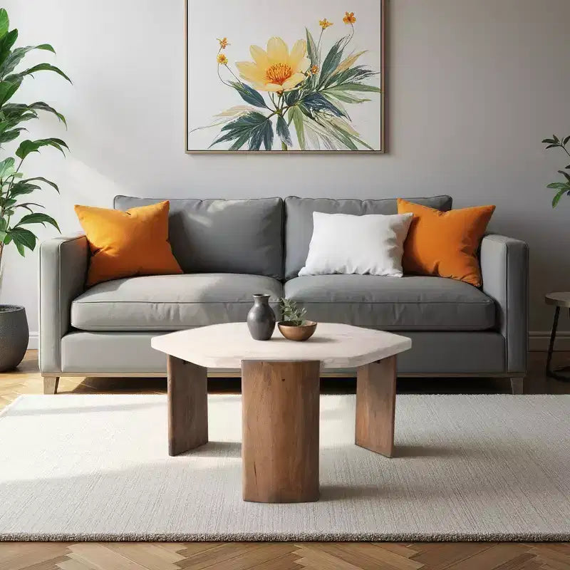 Sleek Octagon Coffee Table - Stone & Mango Wood, Brown