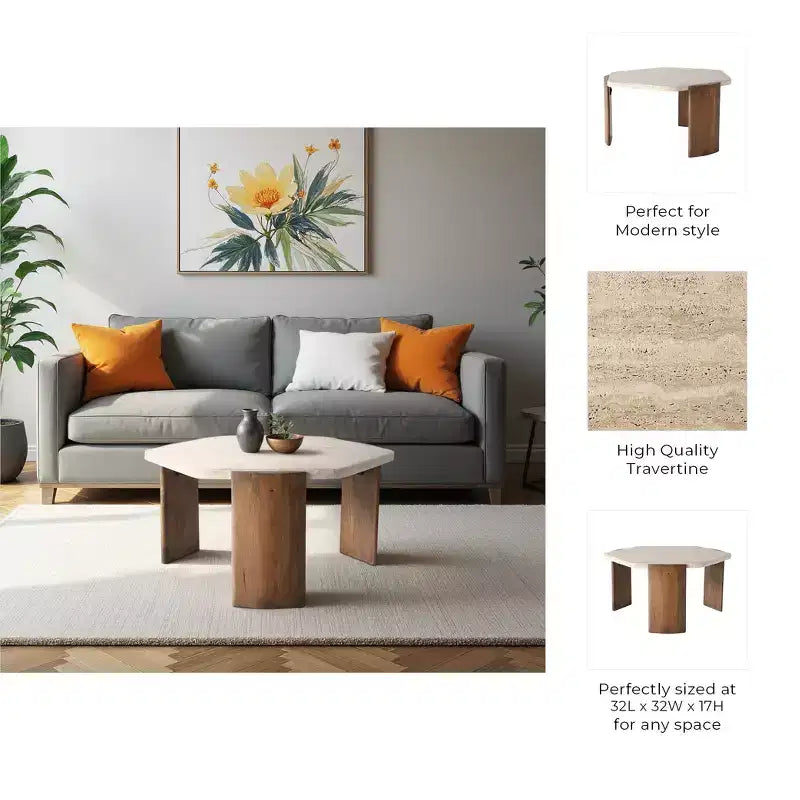 Sleek Octagon Coffee Table - Stone & Mango Wood, Brown