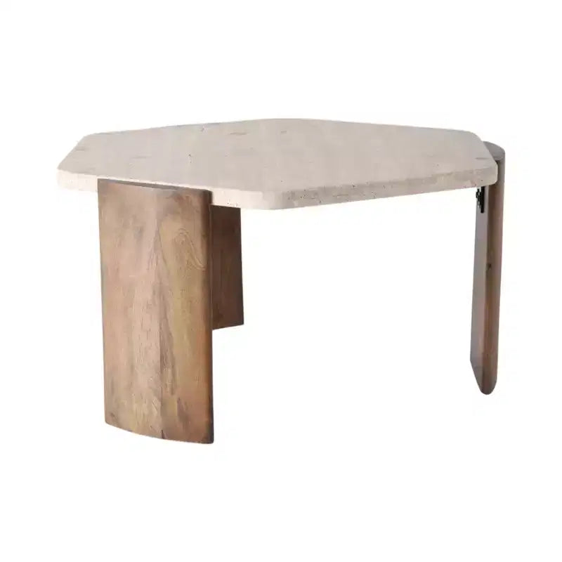 Sleek Octagon Coffee Table - Stone & Mango Wood, Brown
