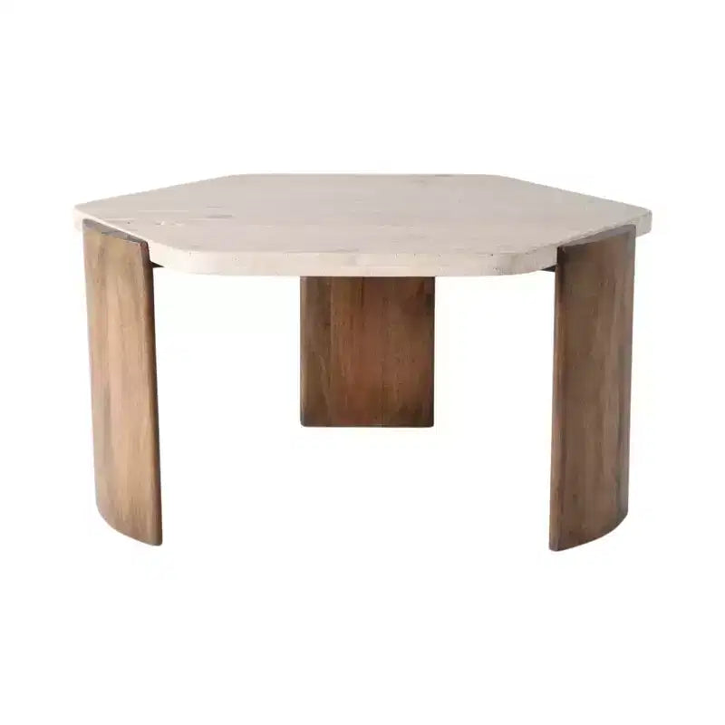 Sleek Octagon Coffee Table - Stone & Mango Wood, Brown