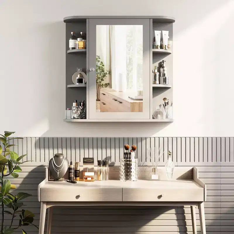 Bathroom Mirror Cabinet Wall Mounted with 6 Open Shelves