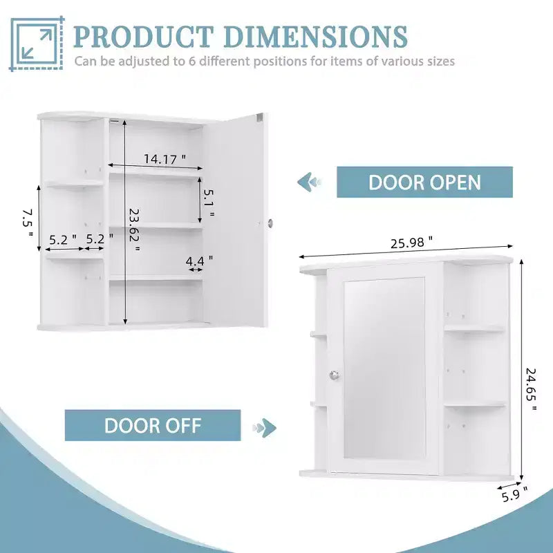 Bathroom Mirror Cabinet Wall Mounted with 6 Open Shelves