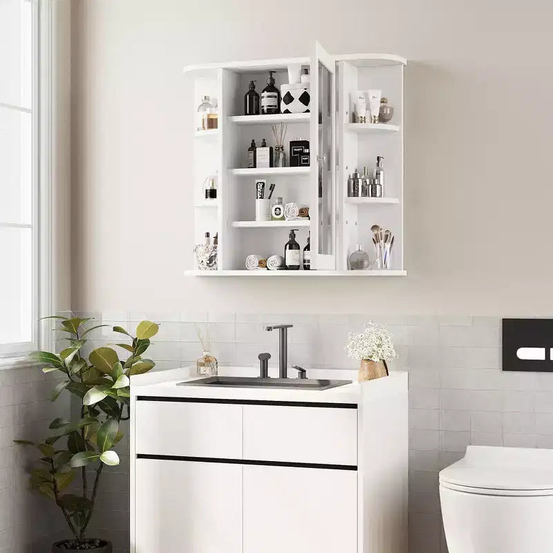 Bathroom Mirror Cabinet Wall Mounted with 6 Open Shelves