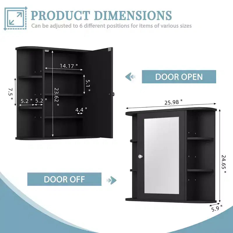 Bathroom Mirror Cabinet Wall Mounted with 6 Open Shelves