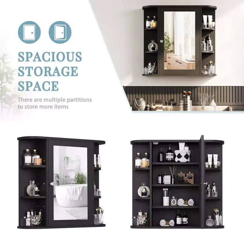 Bathroom Mirror Cabinet Wall Mounted with 6 Open Shelves