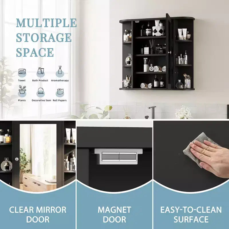 Bathroom Mirror Cabinet Wall Mounted with 6 Open Shelves