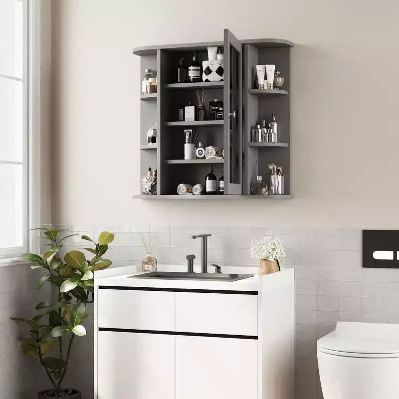 Bathroom Mirror Cabinet Wall Mounted with 6 Open Shelves