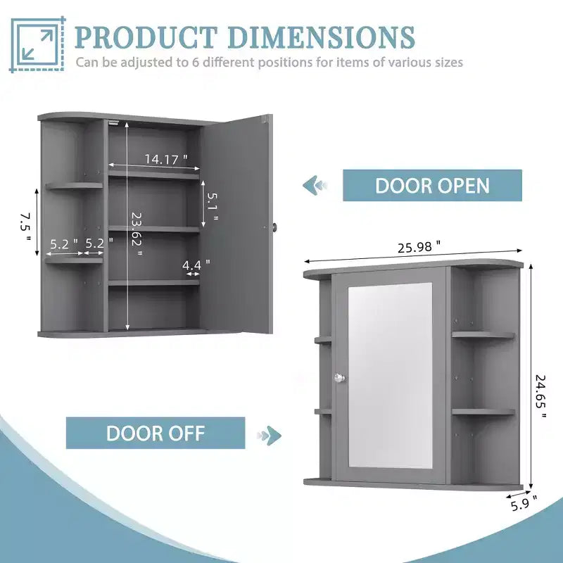 Bathroom Mirror Cabinet Wall Mounted with 6 Open Shelves