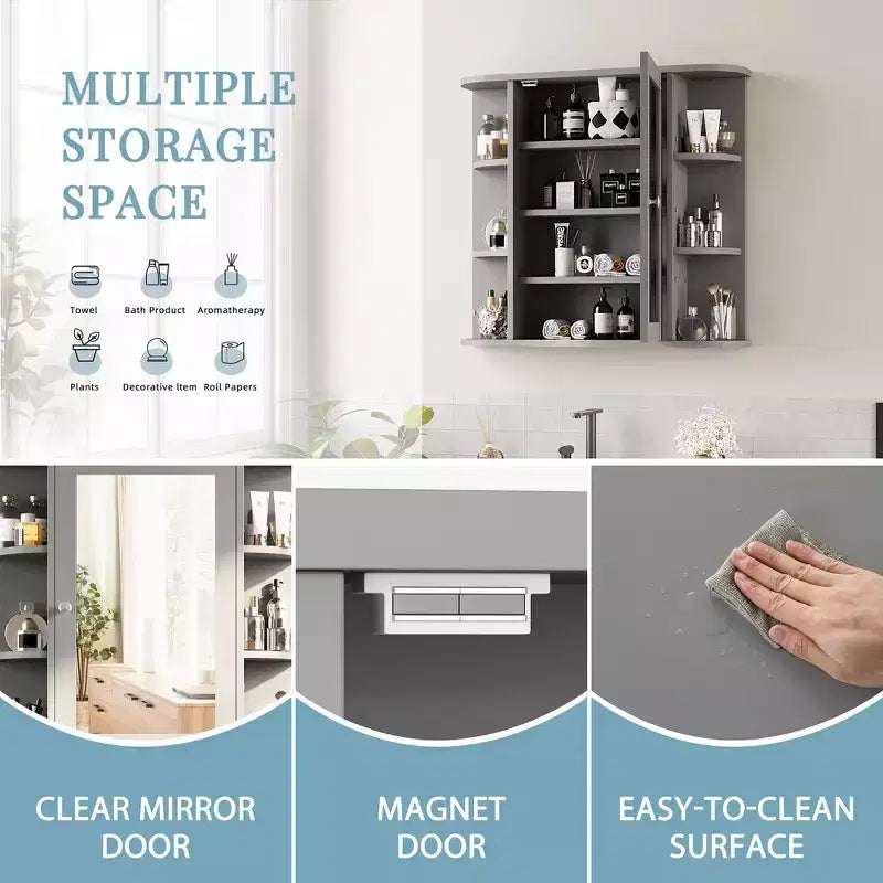 Bathroom Mirror Cabinet Wall Mounted with 6 Open Shelves