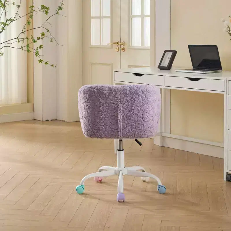 Artificial Rabbit Hair Office Chair - Metal Base, Adjustable Swivel, Vanity Chair, Violet