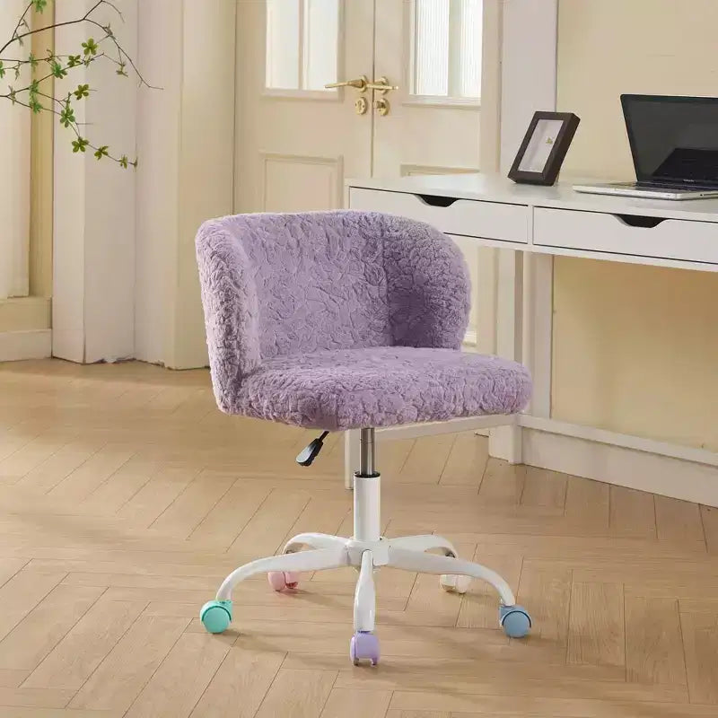 Artificial Rabbit Hair Office Chair - Metal Base, Adjustable Swivel, Vanity Chair, Violet