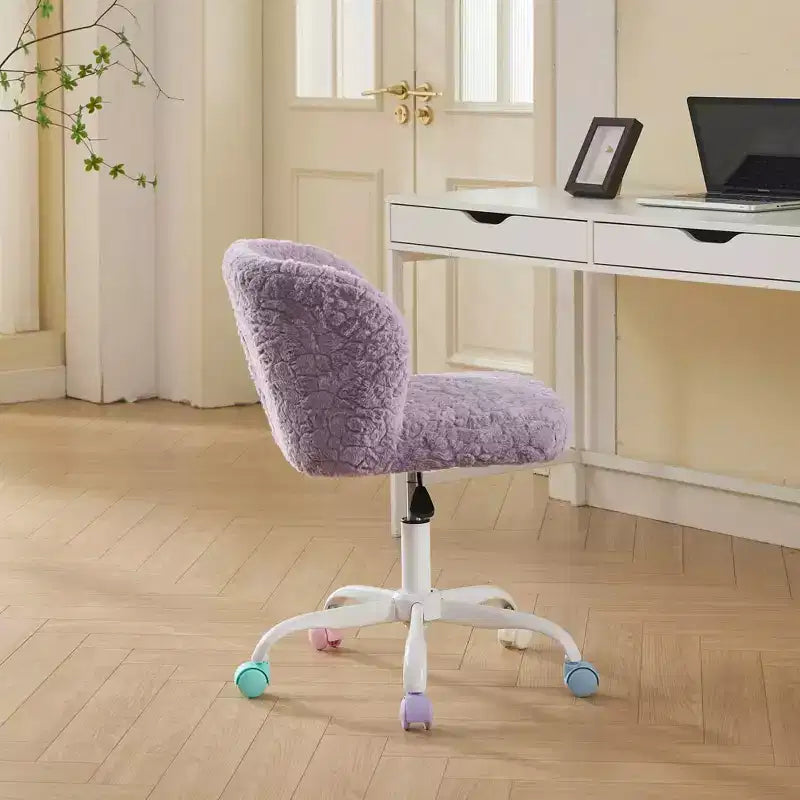 Artificial Rabbit Hair Office Chair - Metal Base, Adjustable Swivel, Vanity Chair, Violet