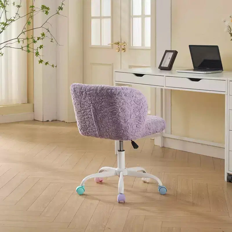 Artificial Rabbit Hair Office Chair - Metal Base, Adjustable Swivel, Vanity Chair, Violet