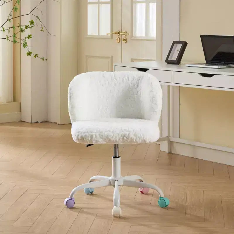 Artificial Rabbit Hair Office Chair - Metal Base, Adjustable Swivel, Vanity Chair, Violet