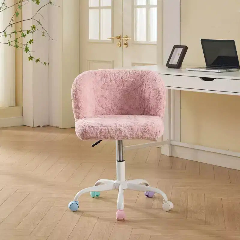 Artificial Rabbit Hair Office Chair - Metal Base, Adjustable Swivel, Vanity Chair, Violet