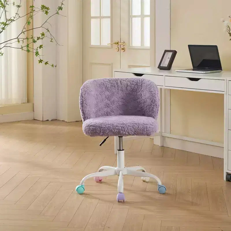 Artificial Rabbit Hair Office Chair - Metal Base, Adjustable Swivel, Vanity Chair, Violet