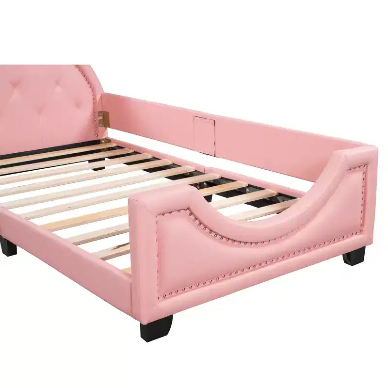 Twin Size Carton Daybed for Kids, PU Leather Daybed Frame with Ears Shaped Headboard and Rivet Decoration for Girls Boys, Pink