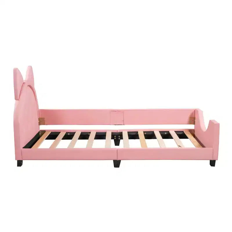 Twin Size Carton Daybed for Kids, PU Leather Daybed Frame with Ears Shaped Headboard and Rivet Decoration for Girls Boys, Pink
