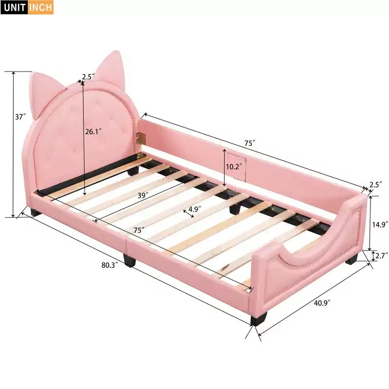 Twin Size Carton Daybed for Kids, PU Leather Daybed Frame with Ears Shaped Headboard and Rivet Decoration for Girls Boys, Pink