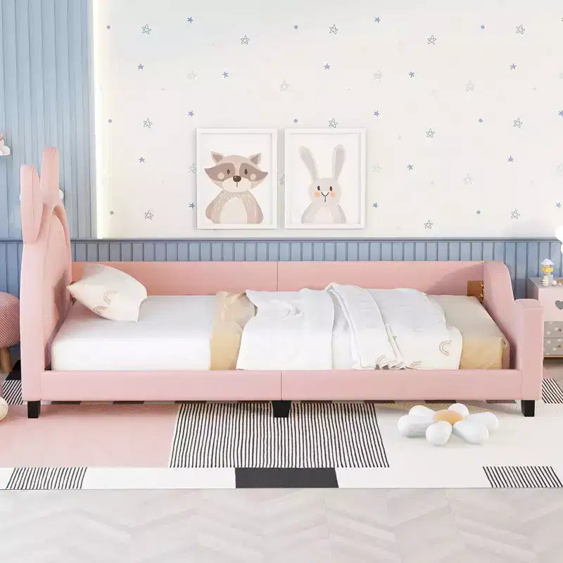 Twin Size Carton Daybed for Kids, PU Leather Daybed Frame with Ears Shaped Headboard and Rivet Decoration for Girls Boys, Pink