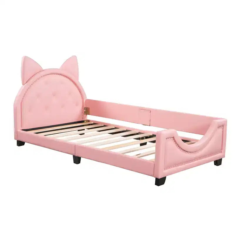 Twin Size Carton Daybed for Kids, PU Leather Daybed Frame with Ears Shaped Headboard and Rivet Decoration for Girls Boys, Pink