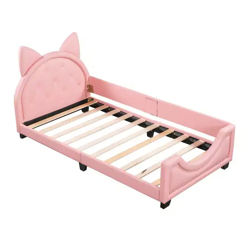 Twin Size Carton Daybed for Kids, PU Leather Daybed Frame with Ears Shaped Headboard and Rivet Decoration for Girls Boys, Pink